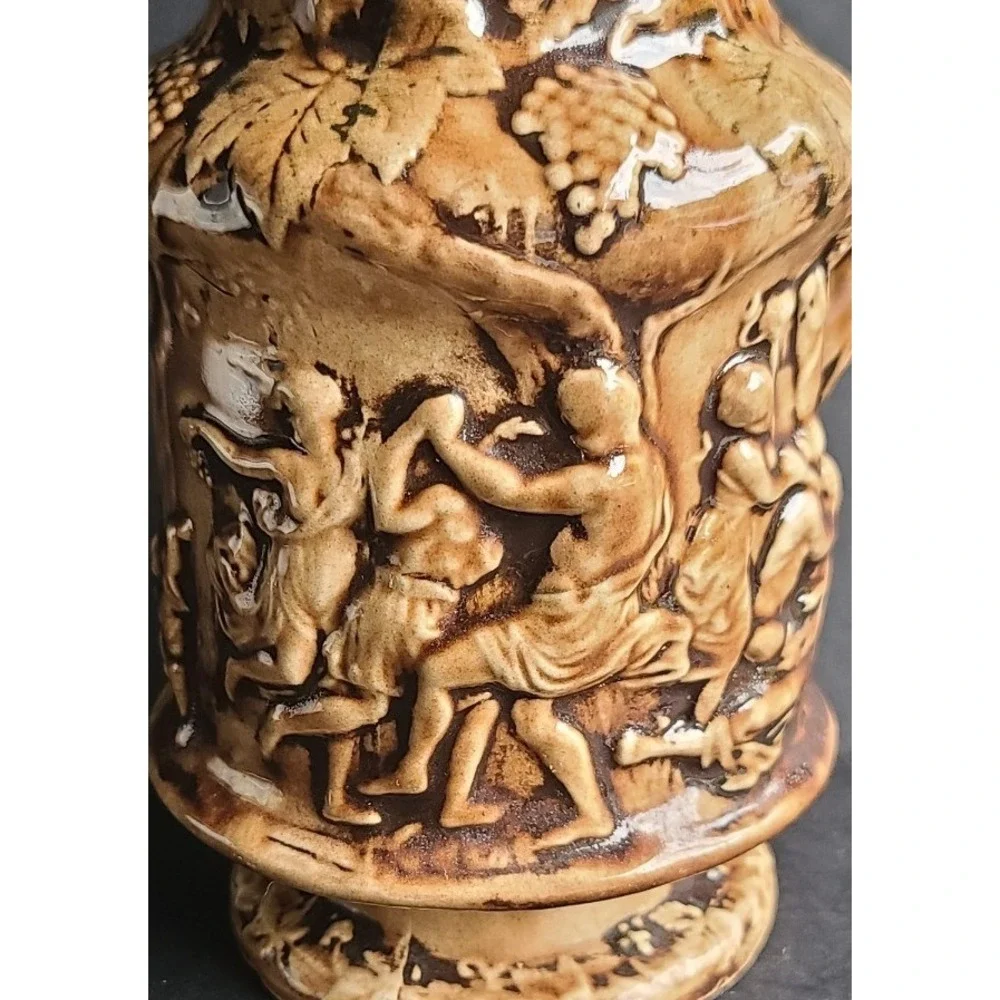 Vintage Ceramic Bacchus Relief Pitcher Figures Dancing‎ Scene Majolica Signed